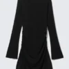 Gathered Long-Sleeved Boat-Neck Mini Dress – Black – Rhinestones Gathered Long-Sleeved Boat-Neck Mini Dress – Black – Rhinestones