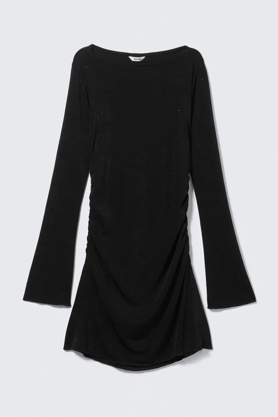 Gathered Long-Sleeved Boat-Neck Mini Dress – Black – Rhinestones Gathered Long-Sleeved Boat-Neck Mini Dress – Black – Rhinestones