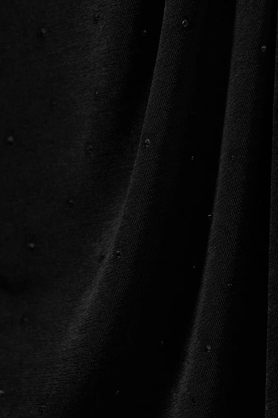 Gathered Long-Sleeved Boat-Neck Mini Dress – Black – Rhinestones Gathered Long-Sleeved Boat-Neck Mini Dress – Black – Rhinestones