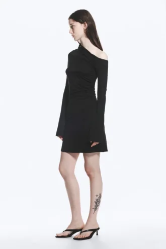 Gathered Mini Long Sleeve Dress – Black
