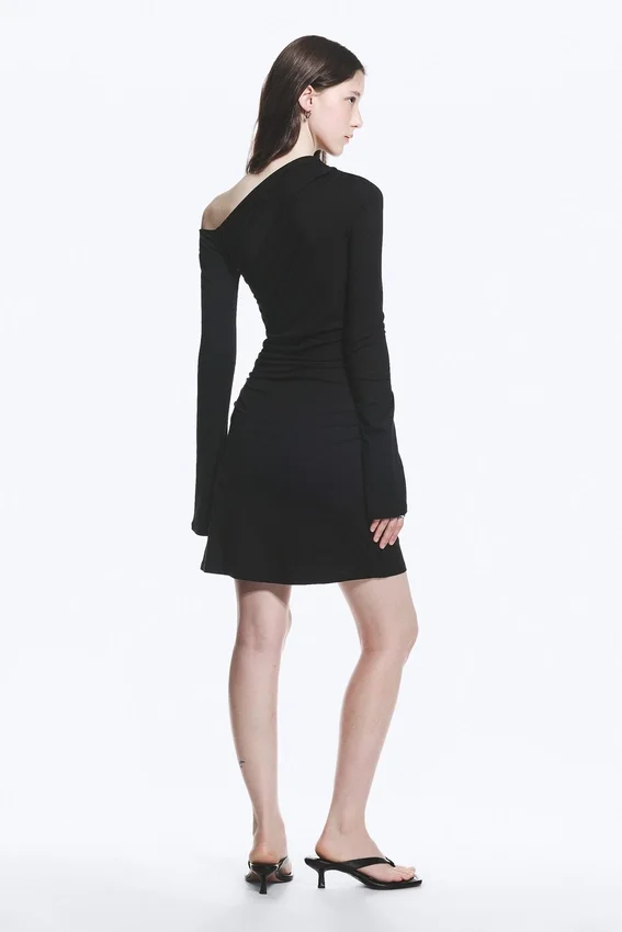Gathered Mini Long Sleeve Dress – Black Gathered Mini Long Sleeve Dress – Black