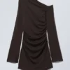Gathered Mini Long Sleeve Dress – Dark Brown Gathered Mini Long Sleeve Dress – Dark Brown