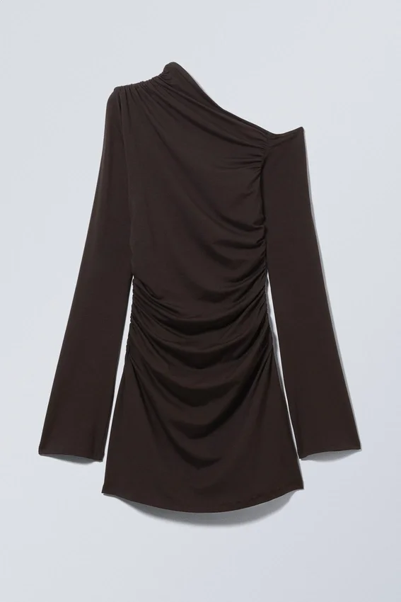 Gathered Mini Long Sleeve Dress – Dark Brown Gathered Mini Long Sleeve Dress – Dark Brown