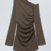 Gathered Mini Long Sleeve Dress – Dark Brown Gathered Mini Long Sleeve Dress – Dark Brown