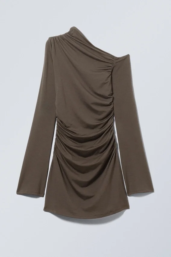 Gathered Mini Long Sleeve Dress – Dark Brown Gathered Mini Long Sleeve Dress – Dark Brown