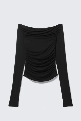 Gathered Off-Shoulder Long-Sleeved Top – Black