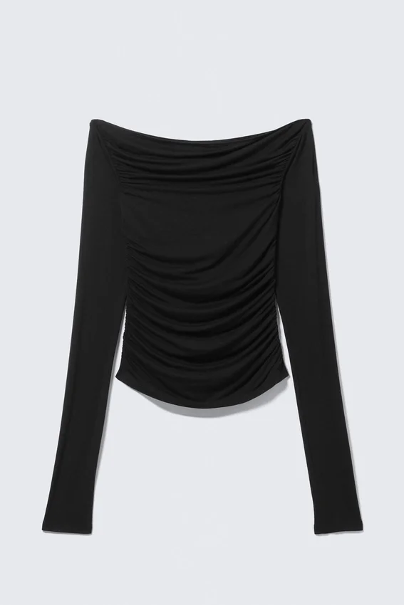 Gathered Off-Shoulder Long-Sleeved Top – Black Gathered Off-Shoulder Long-Sleeved Top – Black