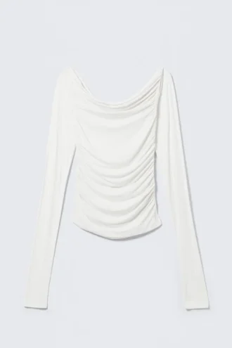Gathered Off-Shoulder Long-Sleeved Top – White