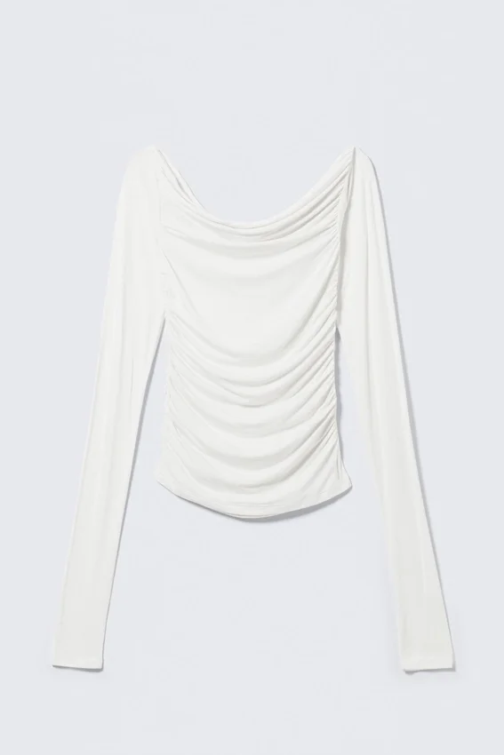 Gathered Off-Shoulder Long-Sleeved Top – White Gathered Off-Shoulder Long-Sleeved Top – White