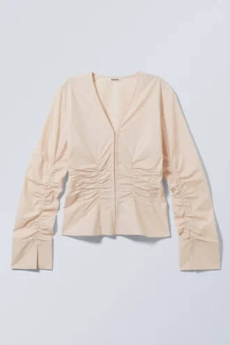 Gathered Poplin V-Neck Shirt – Beige