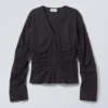 Gathered Poplin V-Neck Shirt – Black Gathered Poplin V-Neck Shirt – Black