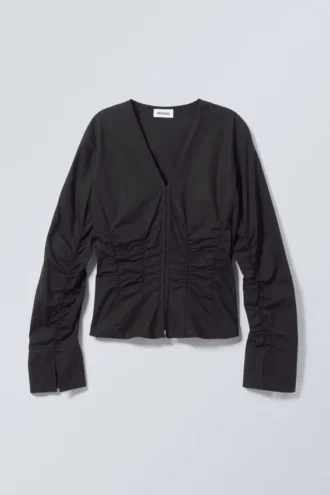 Gathered Poplin V-Neck Shirt – Black