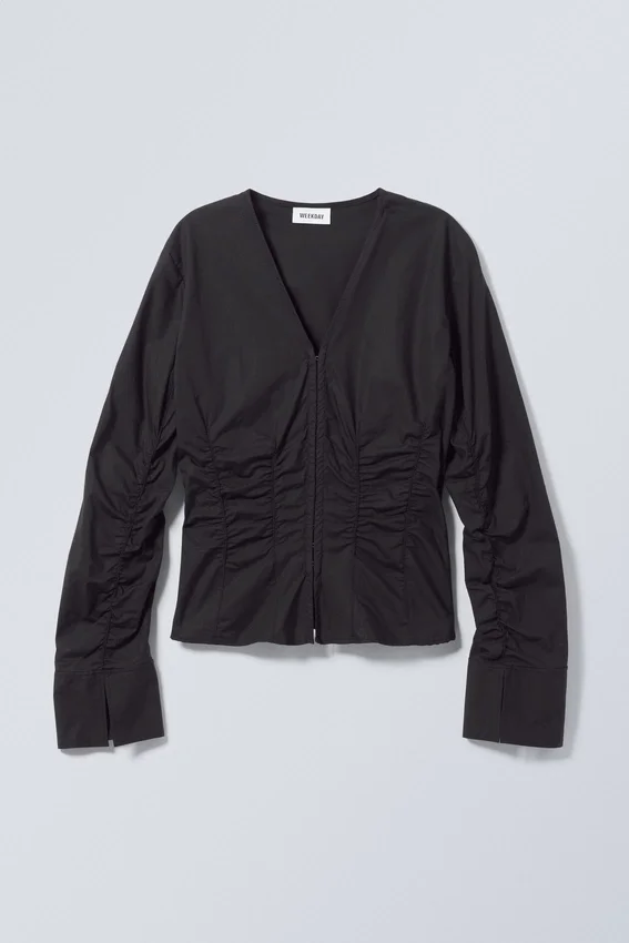 Gathered Poplin V-Neck Shirt – Black Gathered Poplin V-Neck Shirt – Black