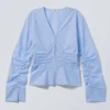 Gathered Poplin V-Neck Shirt – Light Blue Gathered Poplin V-Neck Shirt – Light Blue