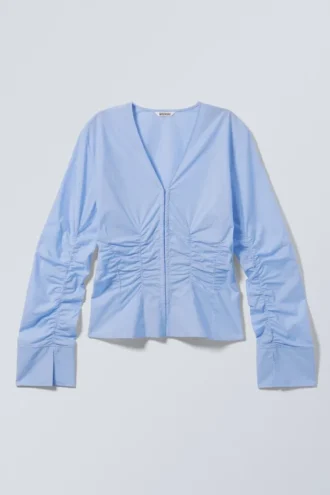 Gathered Poplin V-Neck Shirt – Light Blue