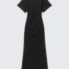 Gathered Short-Sleeved Maxi Dress – Black Gathered Short-Sleeved Maxi Dress – Black