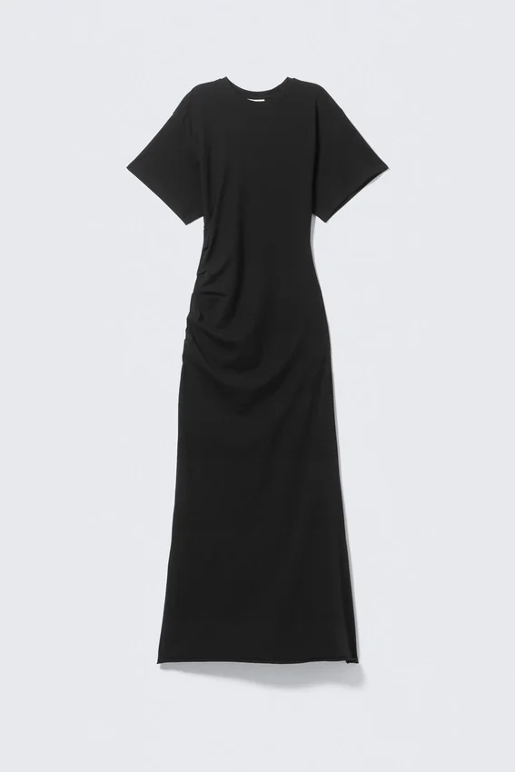 Gathered Short-Sleeved Maxi Dress – Black Gathered Short-Sleeved Maxi Dress – Black