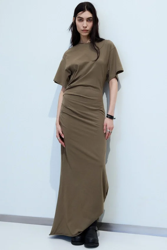 Gathered Short-Sleeved Maxi Dress – Dark Mole Gathered Short-Sleeved Maxi Dress – Dark Mole