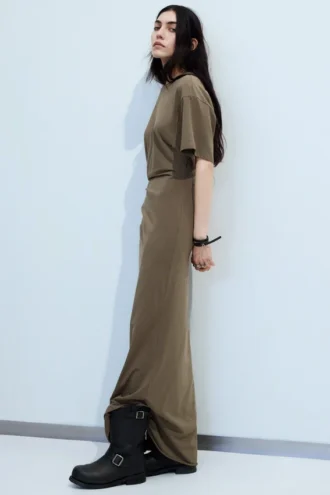Gathered Short-Sleeved Maxi Dress – Dark Mole