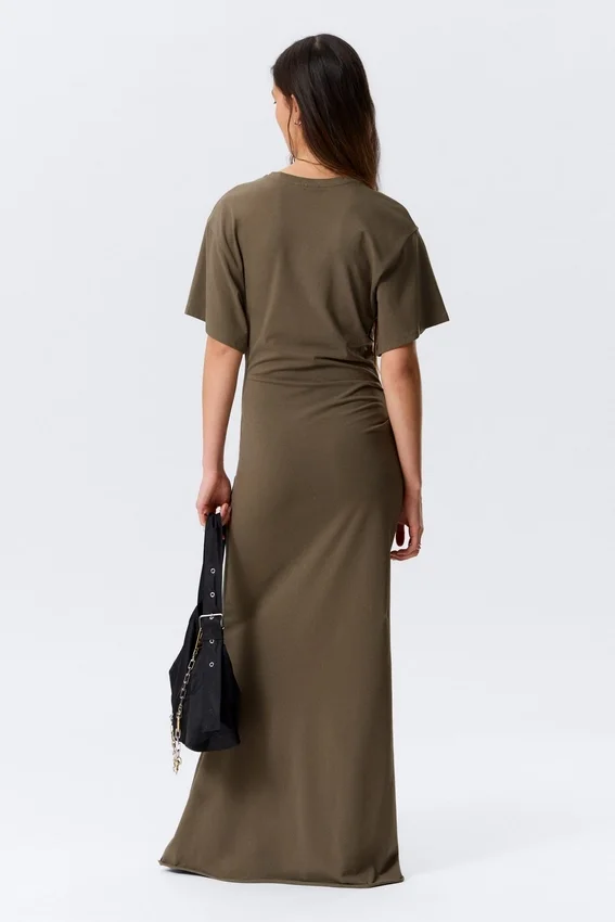 Gathered Short-Sleeved Maxi Dress – Dark Mole Gathered Short-Sleeved Maxi Dress – Dark Mole