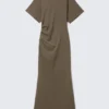 Gathered Short-Sleeved Maxi Dress – Dark Mole Gathered Short-Sleeved Maxi Dress – Dark Mole