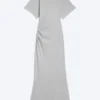 Gathered Short-Sleeved Maxi Dress – Light Dusty Grey Melange Gathered Short-Sleeved Maxi Dress – Light Dusty Grey Melange