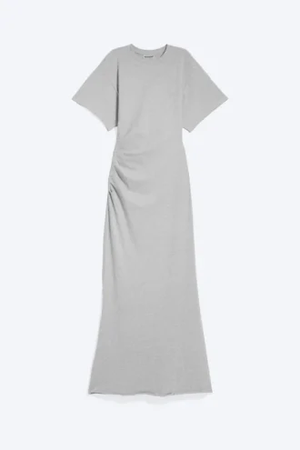 Gathered Short-Sleeved Maxi Dress – Light Dusty Grey Melange