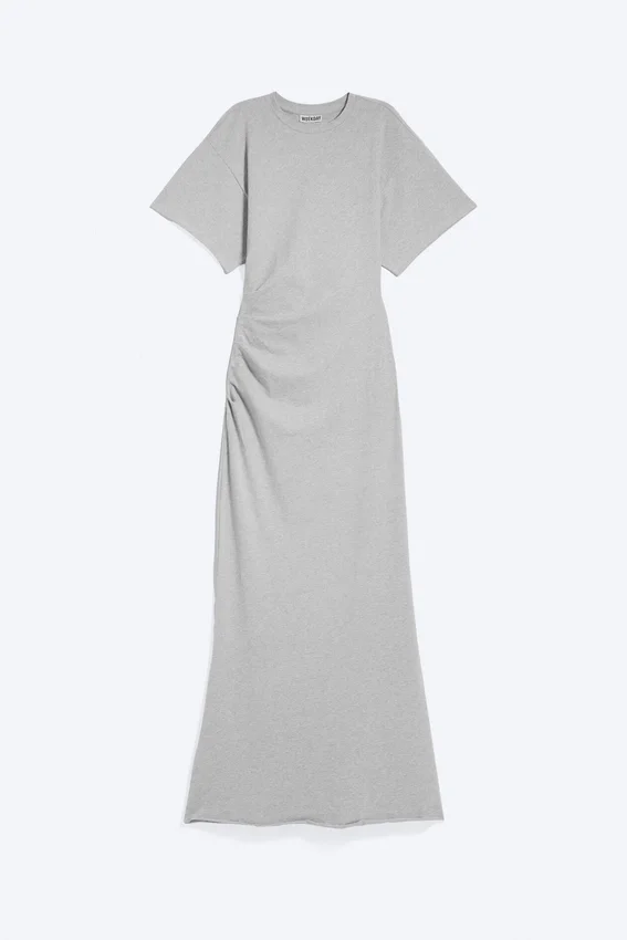 Gathered Short-Sleeved Maxi Dress – Light Dusty Grey Melange Gathered Short-Sleeved Maxi Dress – Light Dusty Grey Melange