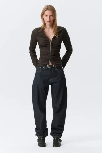 Gathered V-Neck Zip Top – Dark Brown Gathered V-Neck Zip Top – Dark Brown