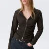 Gathered V-Neck Zip Top – Dark Brown