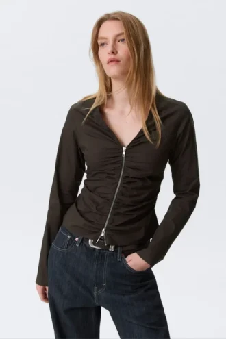 Gathered V-Neck Zip Top – Dark Brown Gathered V-Neck Zip Top – Dark Brown