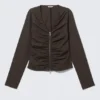 Gathered V-Neck Zip Top – Dark Brown