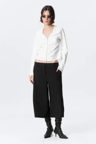 Gathered V-Neck Zip Top – White
