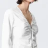 Gathered V-Neck Zip Top – White Gathered V-Neck Zip Top – White