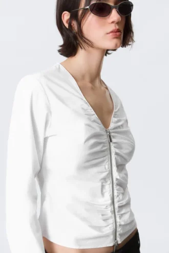 Gathered V-Neck Zip Top – White