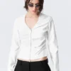 Gathered V-Neck Zip Top – White Gathered V-Neck Zip Top – White