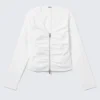 Gathered V-Neck Zip Top – White Gathered V-Neck Zip Top – White