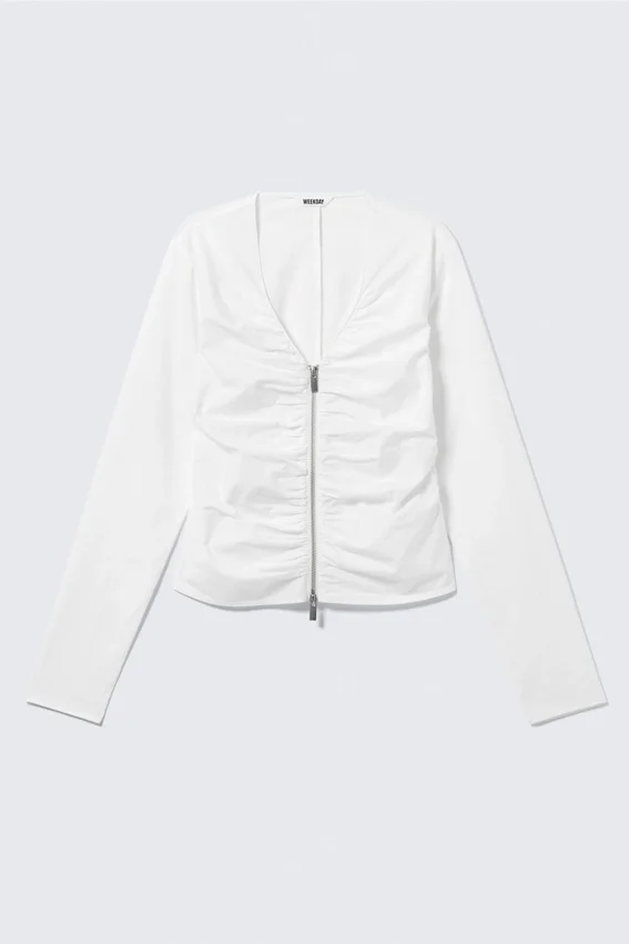 Gathered V-Neck Zip Top – White Gathered V-Neck Zip Top – White