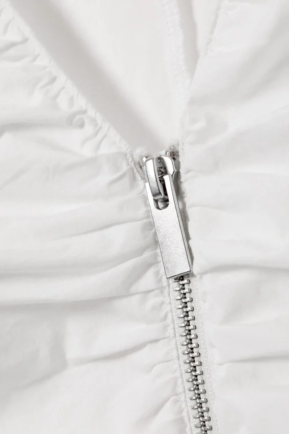 Gathered V-Neck Zip Top – White Gathered V-Neck Zip Top – White