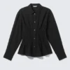 Gathered Waist Cotton Poplin Shirt – Striped Black Gathered Waist Cotton Poplin Shirt – Striped Black
