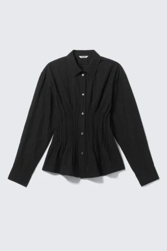 Gathered Waist Cotton Poplin Shirt – Striped Black