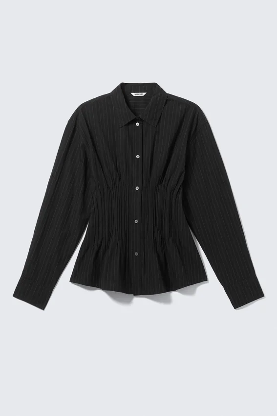 Gathered Waist Cotton Poplin Shirt – Striped Black Gathered Waist Cotton Poplin Shirt – Striped Black