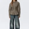 Gathered Waist Cotton Poplin Shirt – Striped Brown Gathered Waist Cotton Poplin Shirt – Striped Brown