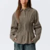 Gathered Waist Cotton Poplin Shirt – Striped Brown Gathered Waist Cotton Poplin Shirt – Striped Brown