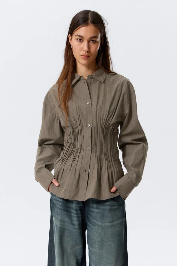Gathered Waist Cotton Poplin Shirt – Striped Brown Gathered Waist Cotton Poplin Shirt – Striped Brown