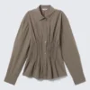 Gathered Waist Cotton Poplin Shirt – Striped Brown Gathered Waist Cotton Poplin Shirt – Striped Brown