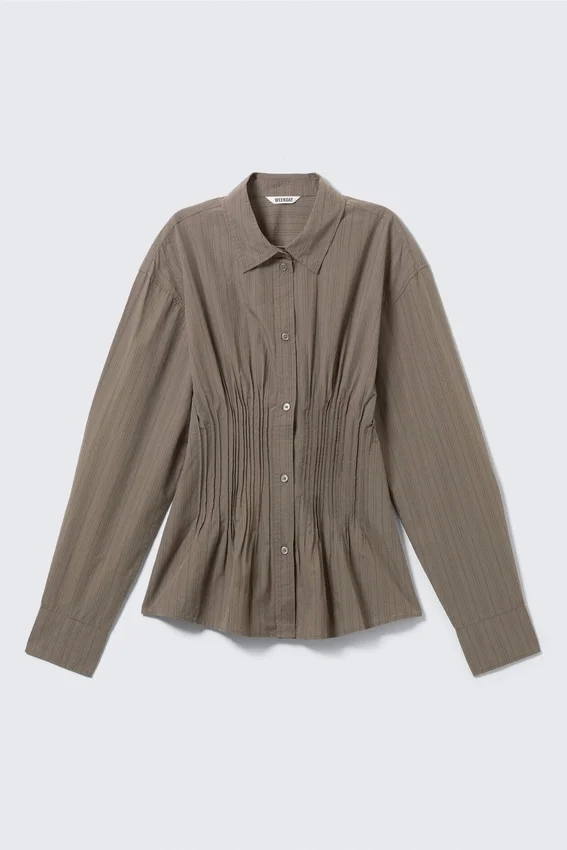 Gathered Waist Cotton Poplin Shirt – Striped Brown Gathered Waist Cotton Poplin Shirt – Striped Brown