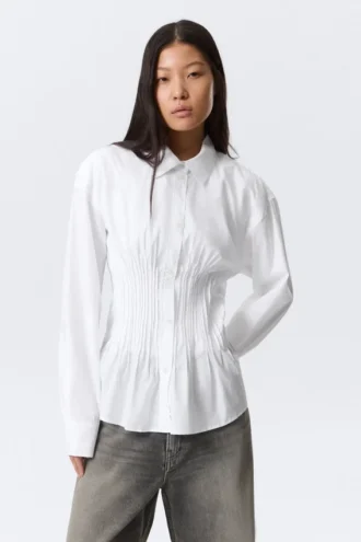 Gathered Waist Cotton Poplin Shirt – White