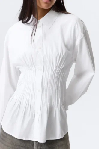 Gathered Waist Cotton Poplin Shirt – White