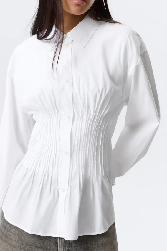 Gathered Waist Cotton Poplin Shirt – White Gathered Waist Cotton Poplin Shirt – White